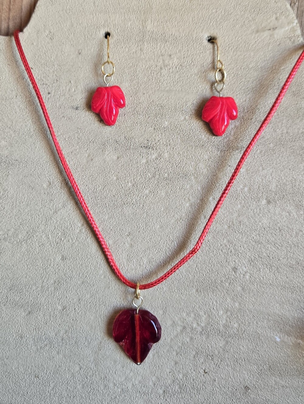 Handmade Italian Glass Leaf Necklace & Earrings Set | Red Glass Leaf Jewelry